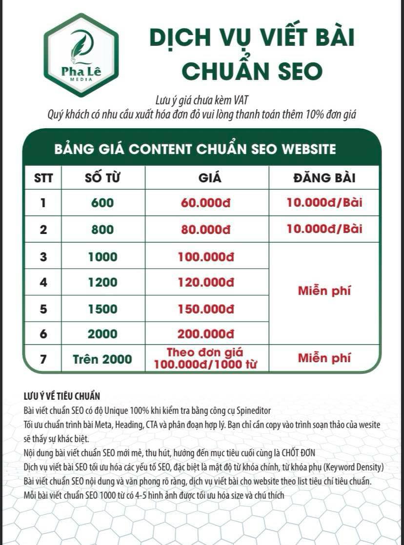 Bảng giá dịch vụ viết bài tại Pha Lê Media